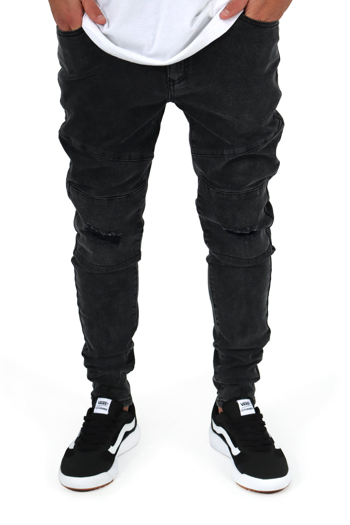 “HIKER” WASHED BLACK SKINNY PANEL JEANS