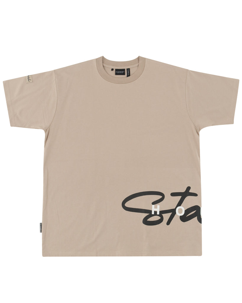"CURSIVE" TAUPE CLASSIC FIT TEE