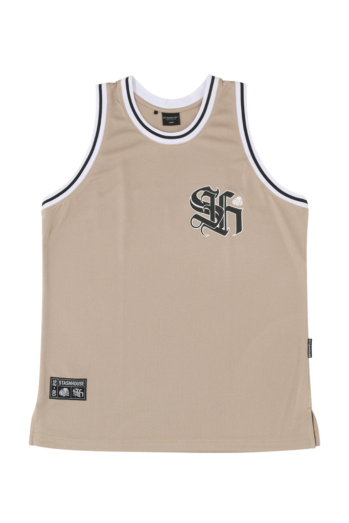 "LOCKED" TAUPE MESH JERSEY