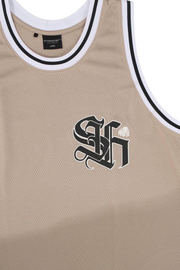 "LOCKED" TAUPE MESH JERSEY