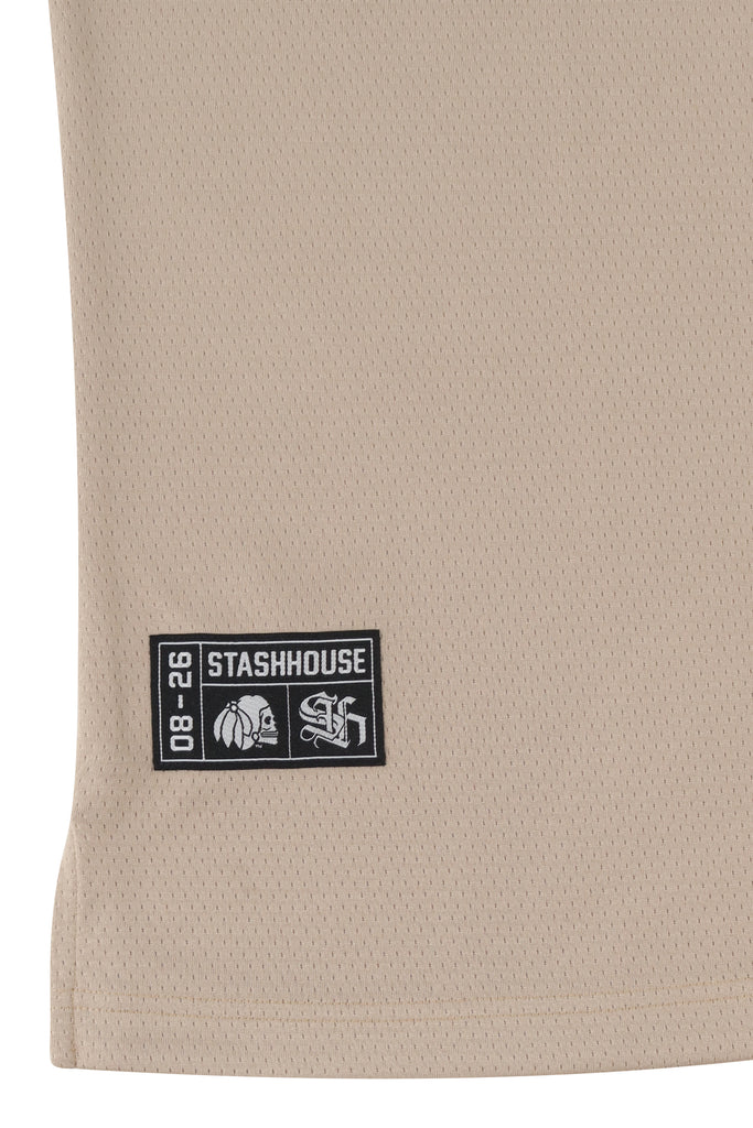 "LOCKED" TAUPE MESH JERSEY