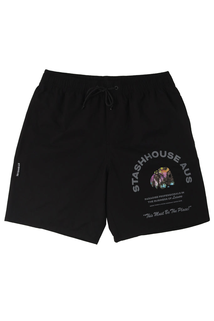 "LEISURE" BLACK LIFESTYLE SHORTS