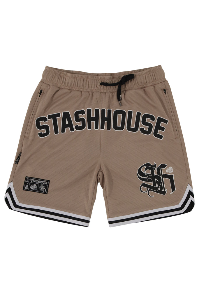 "LOCKED" TAUPE MESH SHORTS