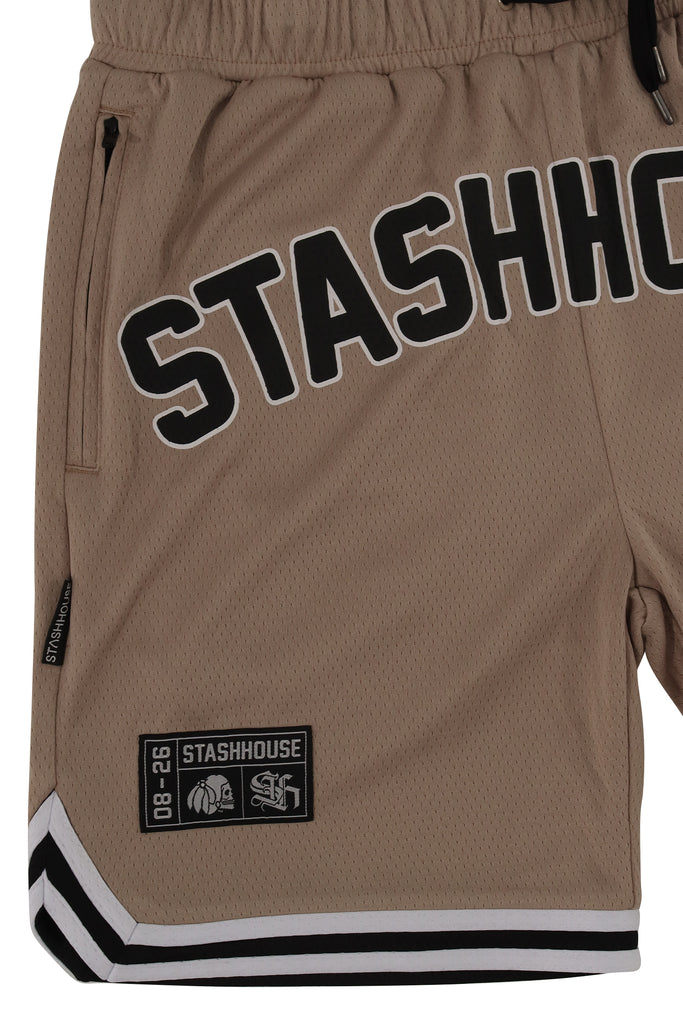 "LOCKED" TAUPE MESH SHORTS