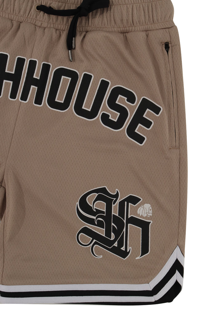 "LOCKED" TAUPE MESH SHORTS