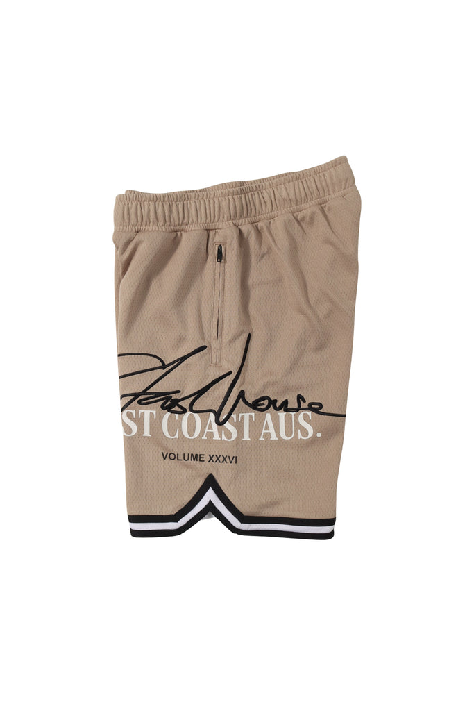 "SIGNATURE" TAUPE MESH SHORTS
