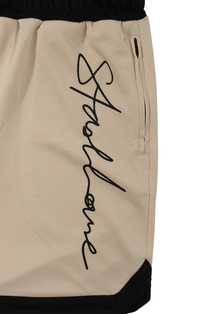 "SCRIPT" NATURAL MESH SHORTS
