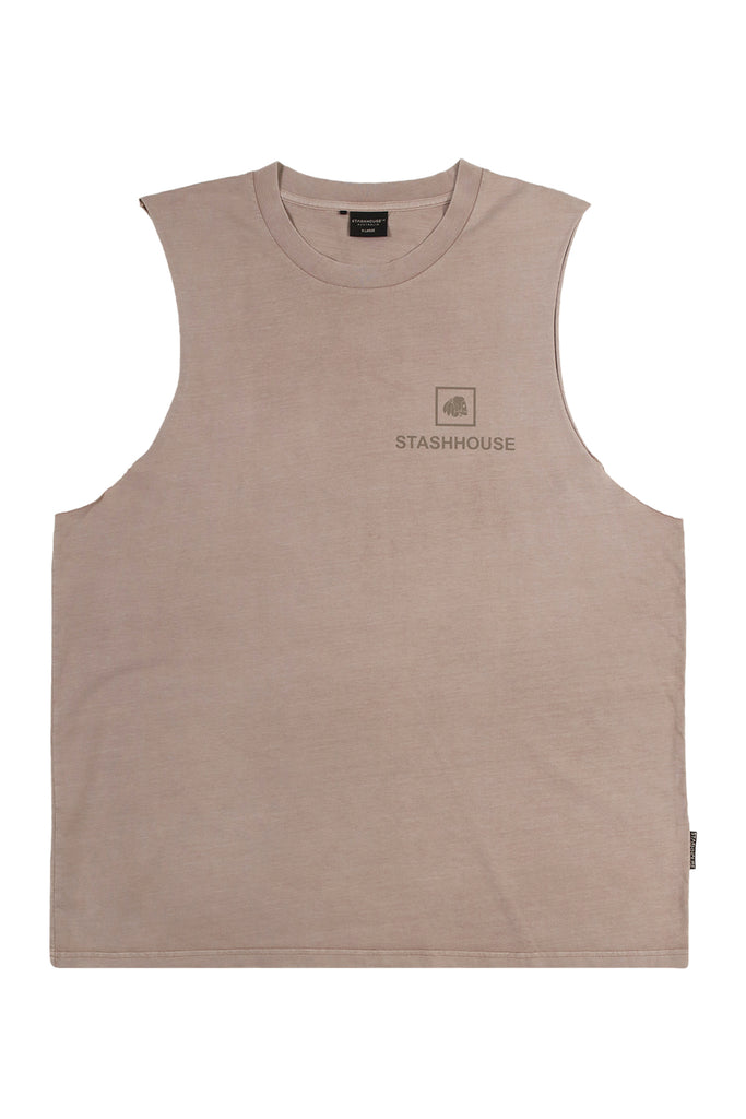 "BOXED" TAUPE WASH MUSCLE TEE