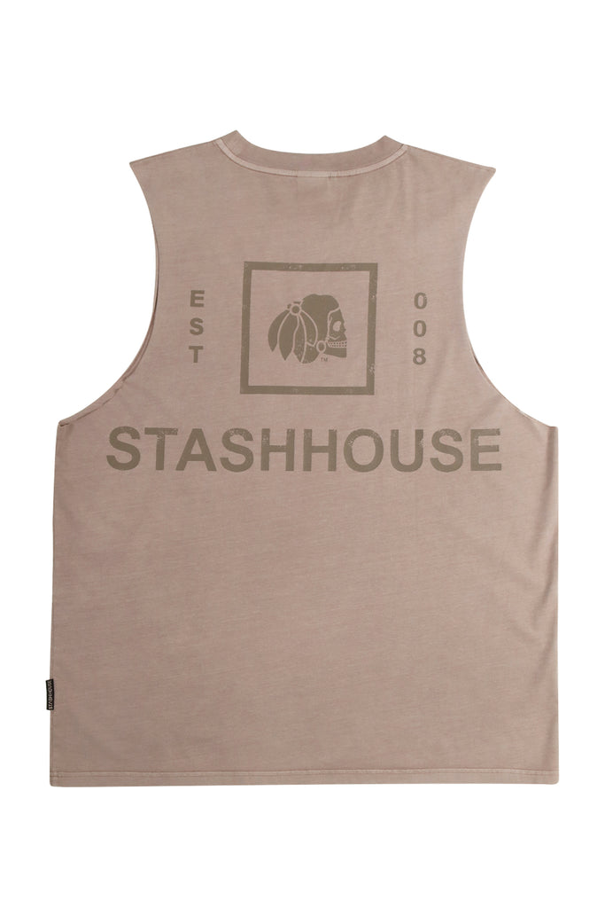 "BOXED" TAUPE WASH MUSCLE TEE