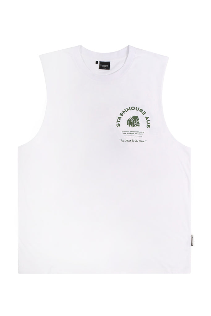 "LEISURE" WHITE MUSCLE TEE