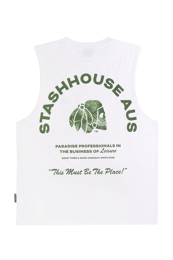 "LEISURE" WHITE MUSCLE TEE