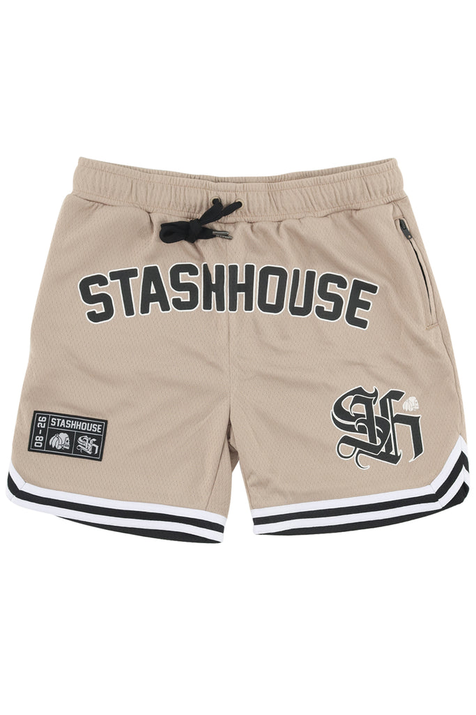 "LOCKED" TAUPE MESH TODDLER MESH SHORTS