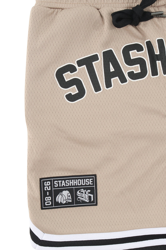 "LOCKED" TAUPE MESH TODDLER MESH SHORTS