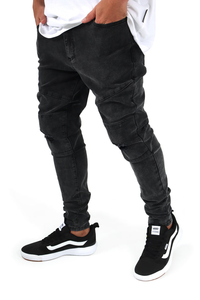 Fur Bottom Hem Washed Stretch Denim Pants